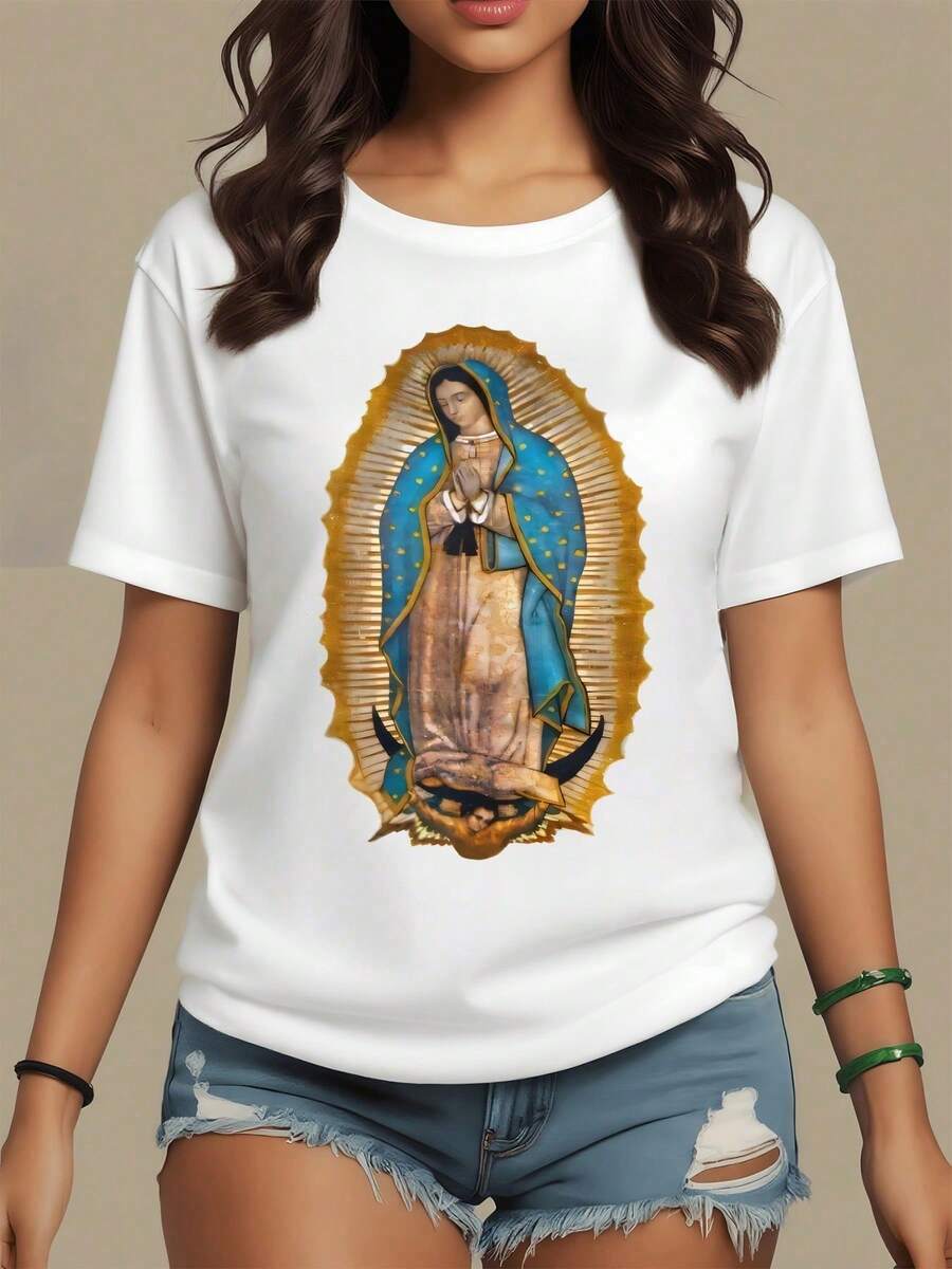 Women's 100% Cotton 180g T-Shirt, Featuring An Image Of The Virgin Of Guadalupe Symbolizing Hope, Protection, And Faith With A Blue Mantle And A Sacred Gold Background. This Soft And Comfortable 100% Cotton T-Shirt Is Perfect For Everyday Wear. - 白色 - 查看 1