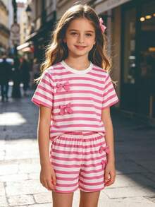 2pcs/Set Girls Casual Striped Bow Decor Short Sleeve Top And Shorts Set, Summer - Pink - View 1
