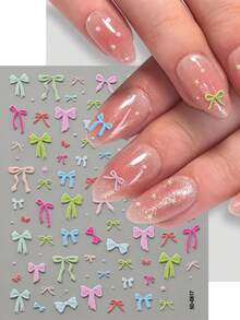 1 Sheet 5D Embossed Colorful Bow Nail Stickers Self-Adhesive Cute Bowknot Nail Art Decals, Pastel Macaron Ribbon Bow Nail Decorations For DIY Manicure Accessories - 彩色 - 查看 3