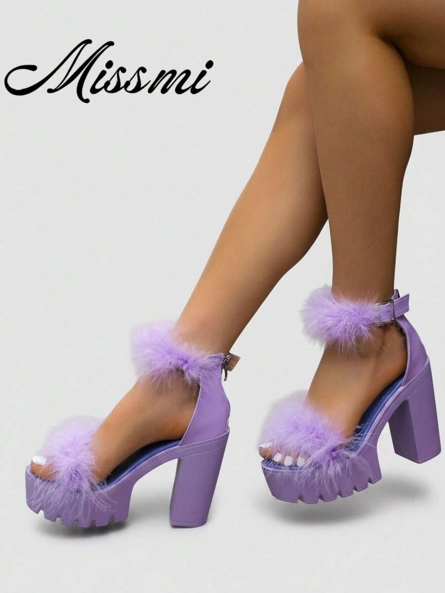Women Fuzzy Decor Platform Chunky Heeled Sandals, Glamorous Outdoor Ankle Strap Sandals,Spring Summer Outfits