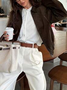 French Style Gentle Women's Slimming Fitted Top, Minimalist Versatile Commuter Layering All-Match Long Sleeve Jacket Coat - Brown - View 8