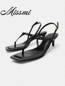 2026 Spring/Summer New Women's Leather Decor Square Toe Kitten Heel Sandals,Flip Flops - Black - View 2
