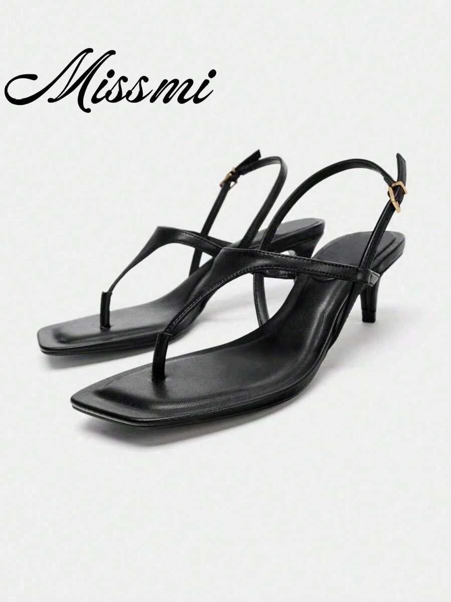 2026 Spring/Summer New Women's Leather Decor Square Toe Kitten Heel Sandals,Flip Flops