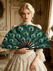 1pc Women's Handheld Folding Fan, Bright Green With Eye-Shaped Pattern, Suitable For Carnival, Christmas Party And Various Outdoor Activities. This Fan Is Lightweight And Portable, Can Cool Down, Is A Fashionable And Practical Accessory Peacock Print Handheld Folding Fan, Green Peacock Eye Pattern Fabric Fan, Women's Lightweight Portable Folding Fan, Suitable For Cosplay, Wedding, Carnival And Various Theme Events - Multicolor - View 2