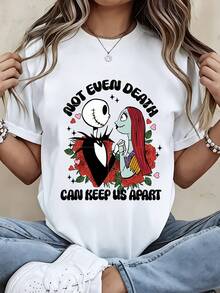 Disney Crew Neck T Shirt  Black Jack Skellington And Sally With Roses And Hearts Print For Casual Wear - White - View 2