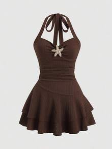 Solid Color Textured Jumpsuit With Tie Neck For Vacation, For Beach Party - Coffee Brown - View 3