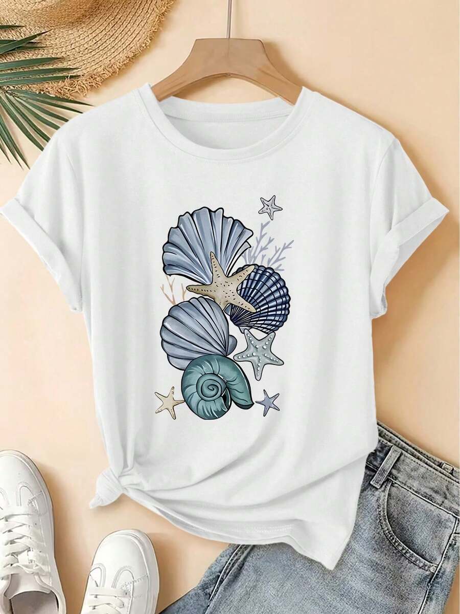 Vintage Ocean And Starfish Print Short Sleeve T-Shirt, Forest Style Loose Top, Spring/Summer 2026 Elegant Party Fashion, Women's Versatile Clothing, Loose Fit Retro T-Shirt - 白色 - 查看 1