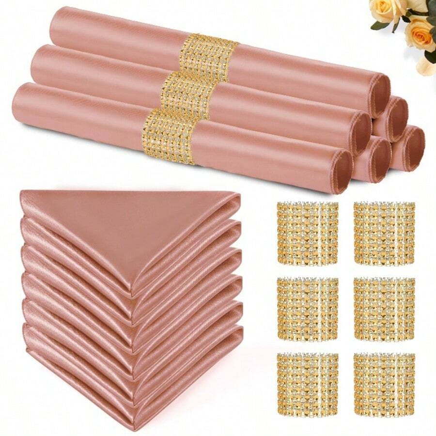 20 Pack Satin Napkins With Napkin Rings, 12"X12" Soft Silky Reusable Dinner Napkins, Square Satin Cloth Napkins For Wedding, Graduation Party, Christmas Themed Party Decor - Rose Gold - View 1