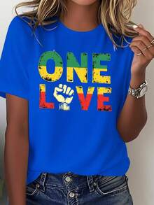 Stylish Everyday Outfits For Women - One Love Style T-Shirt With Cuff Design And Tricolor Pattern - 100% Comfortable Casual T-Shirt With A Crew Neck, Reggae Music Design, And The One Love Logo. Available In Red, Yellow, Green, Black, And White. Machine Washable. A Fashionable Garment Suitable For Everyday Wear And Music Festivals. Loose-Fitting Summer Clothing For Women. - 藍色 - 查看 1