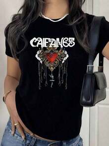 Caifanes Graphic Shirt With Digital Print, 220 Grams, Spanish Rock Concert, 1 Unit, % Cotton, Casual And Comfortable T-Shirt For Women, Summer - 黑色 - 查看 1
