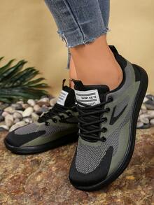 AOSEIN Women's Plus Size Wide Toe Box Athletic Shoes, Fabric Lace-Up Mesh Breathable Patchwork Soft Sole Lightweight Sneakers, Suitable For Casual Wear - Army Green - View 4