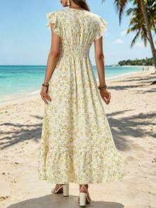 Elegaris Women's Elegant Floral V-Neck Cinched Waist A-Line Dress Summer - Pale Yellow - View 2