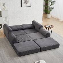2-In-1 Corduroy Sofa Bed Cord-Zwei-In-Eins, With Two Pillows, Elegant Curved Armrests, Removable Footrest And Modular Arrangement. - 灰色 - 查看 4