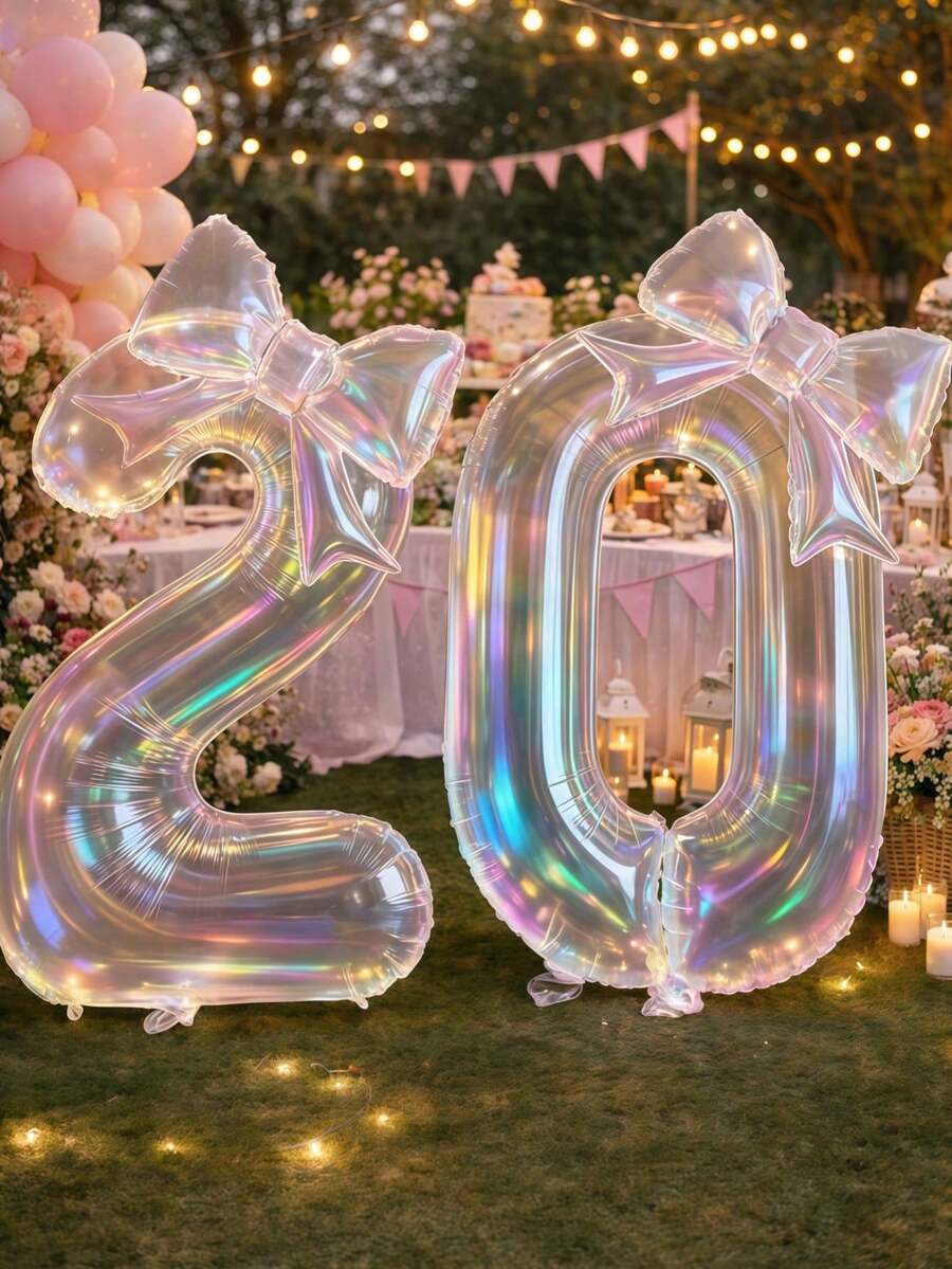 2pcs/Set 100cm Large Colorful Transparent Number Balloons With 24-Inch Colorful Bow Balloons, Vibrant Birthday Decoration Balloons, Suitable For Birthday Party, Outdoor Events, Anniversary, Holiday, Banquet Celebration, Background Wall Decoration - Transparent Version - View 1