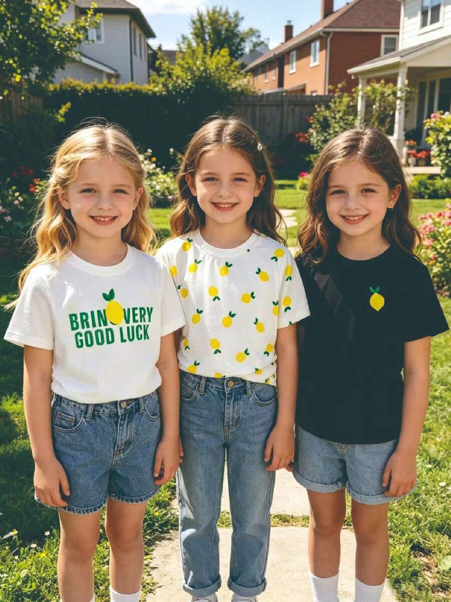 3pcs/Set Girls Casual Fruit & Letter Print Decorative Waist Short Sleeve T-Shirts, Spring/Summer - Multicolor - View 1