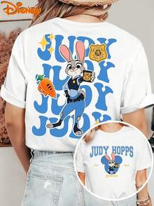 Disney Zootopia Officer Judy Hopps Stacked Letter Carrot Pen Badge Graphic Print Soft Cotton Crew Neck Short Sleeve Casual Daily Women's T-Shirt Tops - White - View 1