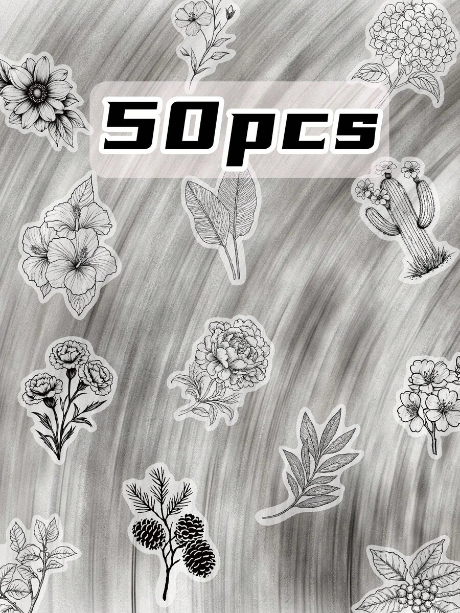 50張黑白植物主題貼紙，PET材質製成，非常適合裝飾子彈筆記本。自黏式，可用作包裝貼紙、手機貼紙或辦公文具，全年適用。