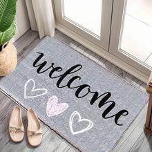 1pc Light Gray Welcome Heart Pattern Printed Faux Cashmere Surface TPR Bottom Door Mat, Bathroom Mat, Kitchen Mat, Laundry Mat, Holiday Atmosphere Decor, Home Decor, Party Decor, Wedding Decor, Dining & Kitchen Decor - Multicolor - View 3