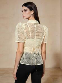 1pc Modern Filipiniana Blouse, Front Button Hollow Out Short Sleeve Shirt Top For Women, Classy For Holiday Evening Date - Champagne - View 2