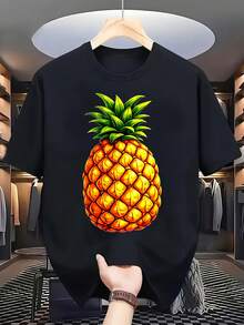 Unisex T-Shirt, 3D Pineapple. For All Seasons. Pure T-Shirt. Lightweight. Round Neck. Short Sleeves. Design, Highly Versatile For Fitness, Training, Casual Weekend Wear. Perfect For Men. Comfortable And Soft. Blouses For Women, Women's T-Shirts, Blouse, T-Shirts. Lightweight, Breathable Fabric.  And Cute. Daily Casual Wear, Summer Vacation Casual Wear. - 黑色 - 查看 1