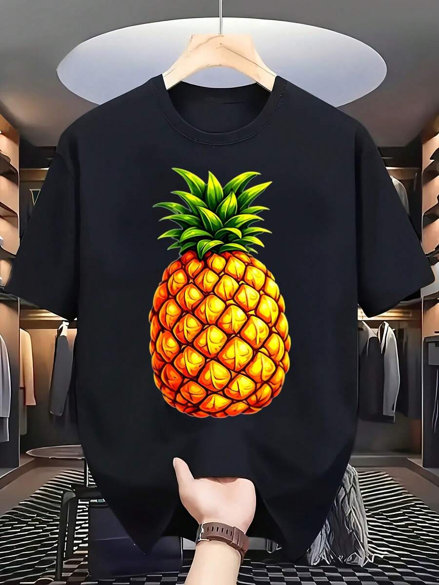 Unisex T-Shirt, 3D Pineapple. For All Seasons. Pure T-Shirt. Lightweight. Round Neck. Short Sleeves. Design, Highly Versatile For Fitness, Training, Casual Weekend Wear. Perfect For Men. Comfortable And Soft. Blouses For Women, Women's T-Shirts, Blouse, T-Shirts. Lightweight, Breathable Fabric. And Cute. Daily Casual Wear, Summer Vacation Casual Wear. - 黑色 - 查看 1