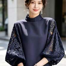 Women's Blouse, Top, T-Shirt, Summer Clothes, Three-Quarter Sleeves, Lace Trim, Relaxed Fit, Casual, Suitable For School, Commuting, Stylish, Cute, Relaxed, Lightweight, Cool, Breathable, Outing, Everyday Wear, Spring, Summer - Blue - View 4