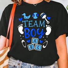 Cotton T-Shirt Team  Gender Reveal Party Pink Blue  Announcet T-Shirt Printed O-Neck Casual T Shirt Wo's Clog - Negro - Ver 1