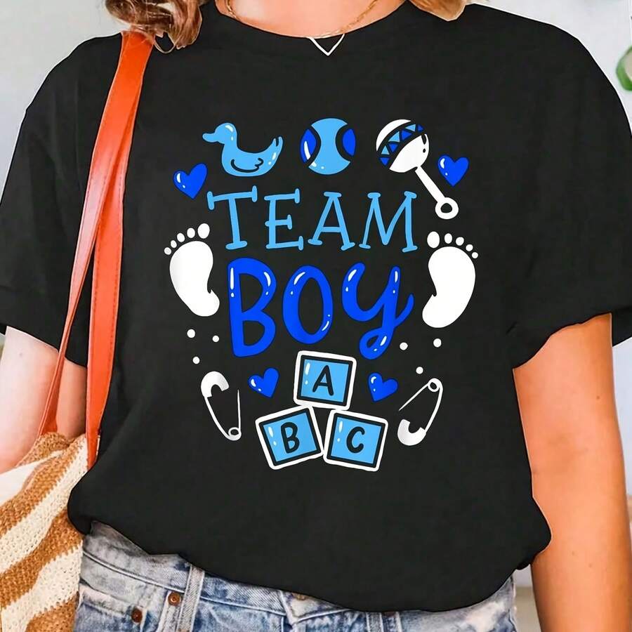 Cotton T-Shirt Team Gender Reveal Party Pink Blue Announcet T-Shirt Printed O-Neck Casual T Shirt Wo's Clog - Negro - Ver 1