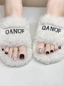 12pcs Handmade Press On Nails, Black & Silver Iridescent Glitter, Short Square Fake Nails For Women - Multicolor - View 4