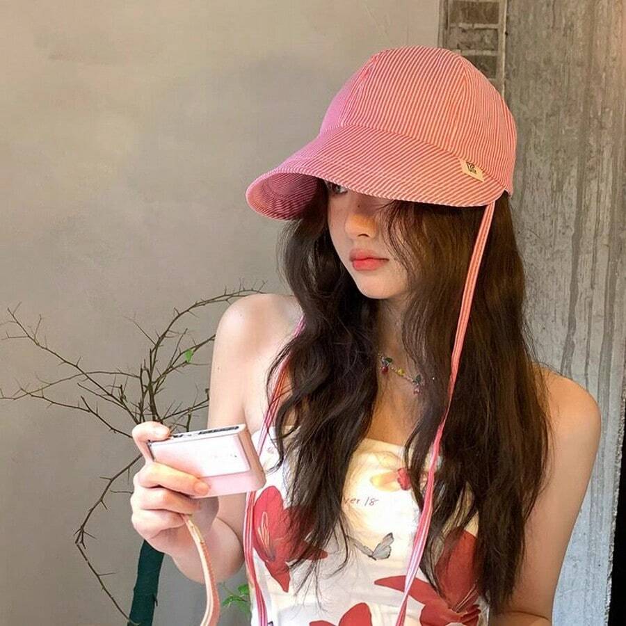 1pc New 2026 Spring/Summer Striped Bucket Hat For Women, Versatile Sun Protection Wide Brim Round Dome Sun Hat - Multicolor - View 1