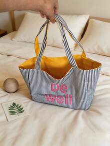1 pieza Bolsa de playa de gran capacidad y diseño de moda - Diseño preppy plegable, con cierre de cremallera y correa de hombro fija, forro reforzado duradero, adecuada para trabajo, transporte, universidad, libros - Beige/Negro, bolsa de trabajo, bolsa minimalista - Multicolor - Ver 2