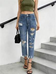 Women's Ripped Capri Cropped Jeans, Light Wash Distressed Denim Pants - Medium Blue - View 1