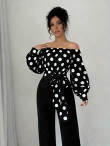 Elegant Women's Off-Shoulder Blouse With Polka Dots And Front Bow - Puff Sleeves, Round Neck, White, Machine Washable, Ideal For Casual Or Semi-Formal Wear In All Seasons - 黑色 + 淺白色 - 查看 4