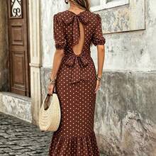 Vestido midi con espalda abierta, lazo en la cintura y mangas abultadas con estampado de cuadros retro francés para mujer - Perfecto para vacaciones y oficina AG - Amarillo - Ver 7
