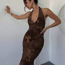 guangzhougaolangshangmao  Nuevo vestido elegante y romántico con cuello en V, estampado floral efecto tie-dye, ajustado, color marrón, vestido de verano, atuendo para playa y vacaciones - Marrón - Ver 7