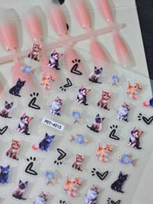 1pc Soft Cute Cat & Fish Nail Stickers, Black Hollow Heart Nail Slides, Self-Adhesive Disposable Embossed Nail Art Decor, Cute Style, Suitable For Daily Commute, Lively Pattern, Easy To Apply And Firm - Multicolor - View 3