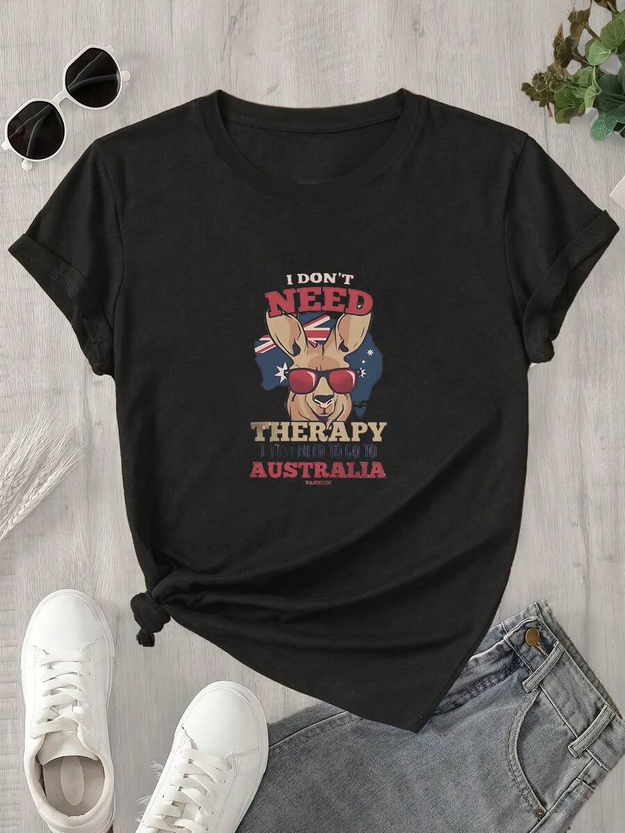 Camisa de manga corta con cuello redondo y estampado de la bandera australiana en la espalda, ideal para todas las estaciones. - Negro - Ver 1