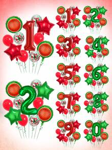 11pcs 32-Inch Red & Green Number Balloon Set, 18-Inch Watermelon Foil Balloon, Star Balloon, 12-Inch Red & Green Foil Confetti Transparent Latex Balloon, Suitable For Birthday Party, Watermelon Party, Summer Party Decoration - Multicolor - View 1