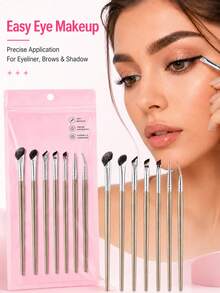 7pcs/1pc Eye Makeup Brush Set With Pink Storage Bag, Includes Soft Synthetic Fiber Eyeshadow Brushes, Eyeliner Brushes, Eyebrow Brushes, Portable Precision Makeup Brush Set, Suitable For Blending, Shading, Crease, Detailed Eyeliner, Eyebrow Definition, Nose Contouring And Daily Makeup - Multicolor - View 2