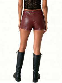 Womens Mini PU Leather Shorts Casual Stylish Solid Color Zip Side Mid Rise Shorts For Daily Life Party And More - Burgundy - View 6