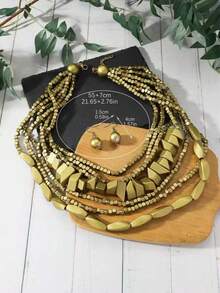 Bộ 2 món vòng cổ và bông tai phong cách Bohemian màu đỏ hồng trơn vân gỗ xếp lớp, phụ kiện đa năng cho đi làm hàng ngày và hẹn hò - Xanh đậm - Xem 16