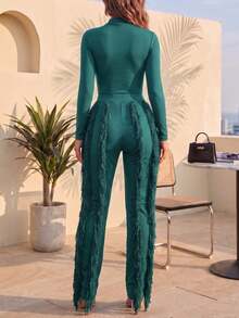CALEBGAR Women's Sexy Two Piece Outfits Long Sleeve Fringe Pants Set Clubwear Going Out Birthday Party Night Outfits - 綠色 - 查看 2