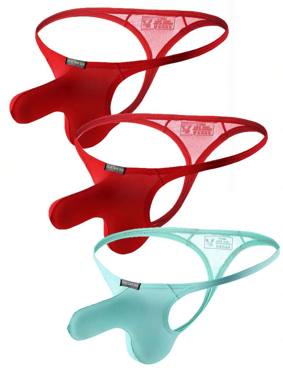 3-Pack Men's Big Pouch G-String Sexy Breathable Y-Back Thong Underwear Low Rise Sexy Thong Underwear Bulge Pouch Lingerie - 2紅+1綠 - 查看 1