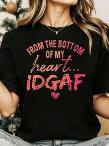 Camiseta estampada popular para mujer "From The Bottom Of My Heart", camiseta de moda casual con diseño gráfico, texto rosa y diseño de corazón, ideal para uso diario, adecuada para festivales, fiestas, salidas, deportes y otros eventos. - Negro - Ver 1