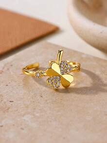 1pc Luxury Zirconia Inlaid Ring, 18K Gold Plated Open Band, Bowknot Four-Leaf Clover Design Jewelry, Daily Commute Dating Gift - Yellow Gold - View 4