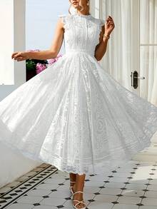 Women's Wedding Guest Dress, New And Elegant Fan-Shaped Lace Flared Dress, Retro Sleeveless Lace Dress, Suitable For Wedding Bridesmaid Dress, Evening Party, Casual Romantic Dates - 磨砂黑 - 查看 1