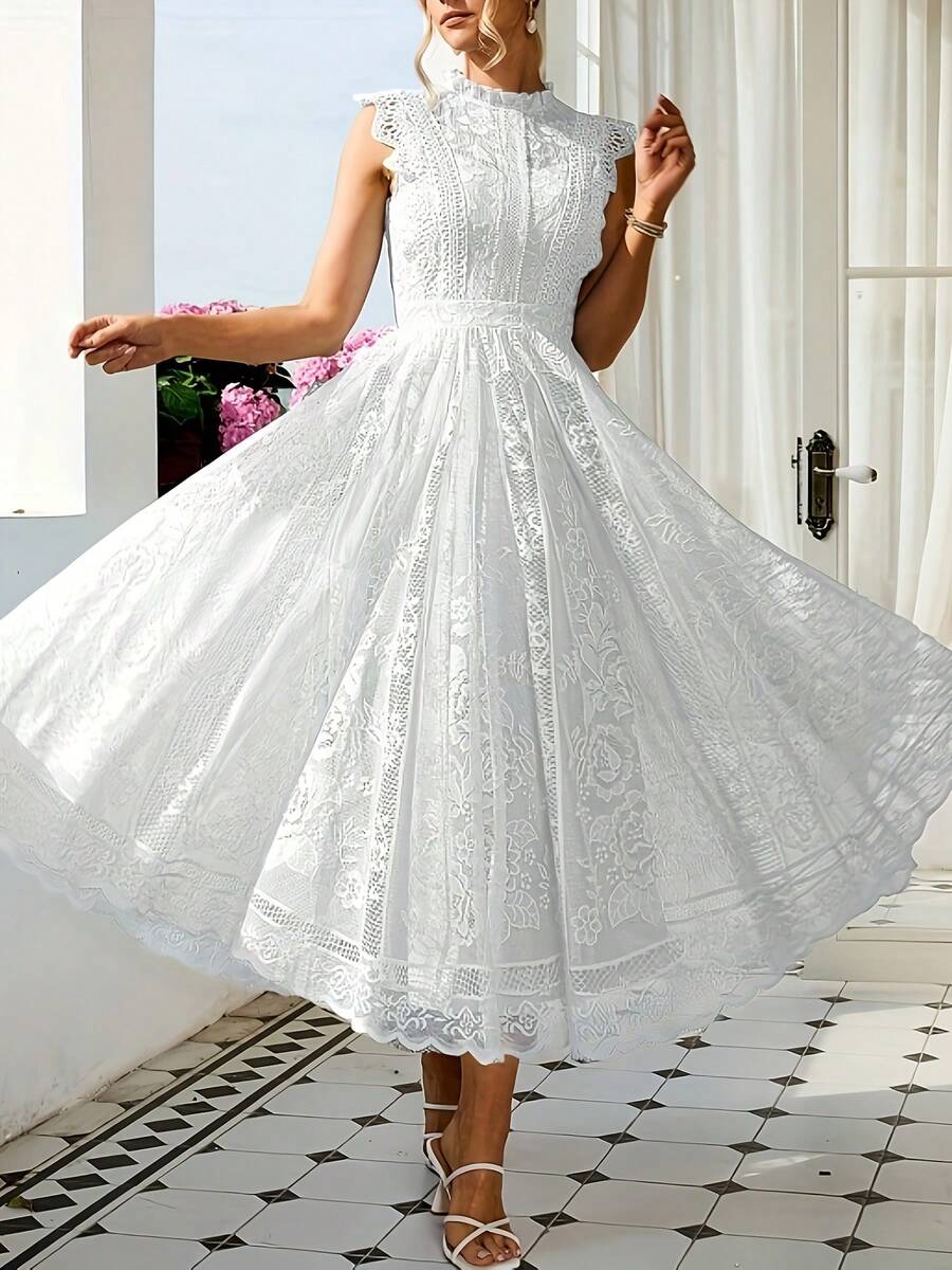 Women's Wedding Guest Dress, New And Elegant Fan-Shaped Lace Flared Dress, Retro Sleeveless Lace Dress, Suitable For Wedding Bridesmaid Dress, Evening Party, Casual Romantic Dates - 磨砂黑 - 查看 1