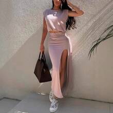 Summer Dresses Women, Round Neck Sleeveless Midi Dress With Slit, Two-Piece Set - 白色 - 查看 2
