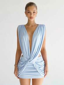 Short Plain Dress With Knots And Pleats New - Blue - View 2