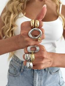 8pcs Bohemian Style Chunky Mixed Metal Rings, Stackable Gold And Silver Tone Personalized Rings, Suitable For Daily And Party Wear - Color Mixing - View 2